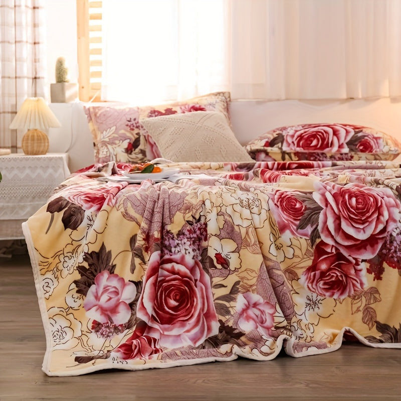 1pc of Luxurious Thickened Floral Flannel Coral Blanket, Soft, Warm, and Comfortable Bedding for Naps, Sofa Throw, Cover Blanket, Office Nap Blanket, Air-conditioned Blanket. Suitable for Sofas, Offices, Beds, Cars, Camping Trips, Home Decor