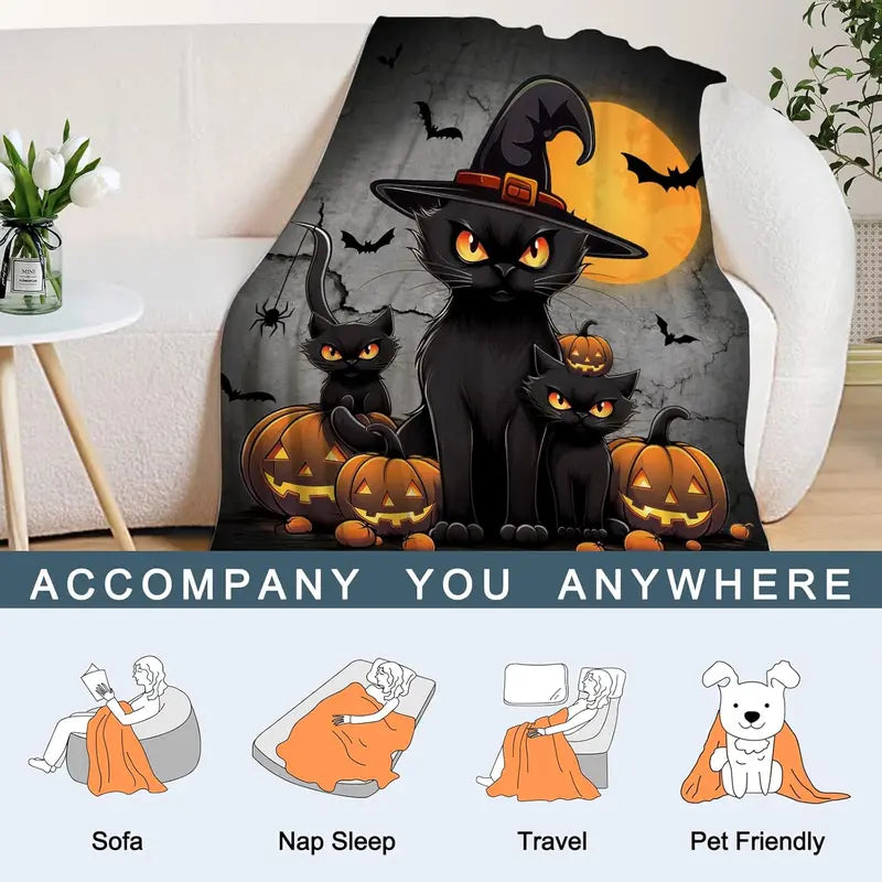 Halloween Throw Blanket Pumpkins Cats Throw Blanket Black Spooky Scary Blanket Decorative Lightweight Fuzzy Soft Plush Fleece Blankets and Throws Couch Sofa Bed Blanket