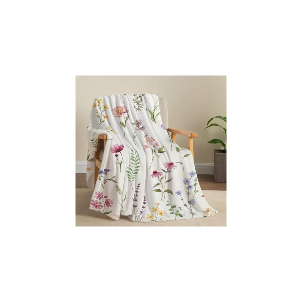Watercolor Flower Throw Blanket Colorful Botanical Floral Printed Blanket Super Soft Flannel Throw Blankets Lightweight Fluffy Plush Fuzzy Bed Blankets for Bedding Sofa 60"X80"