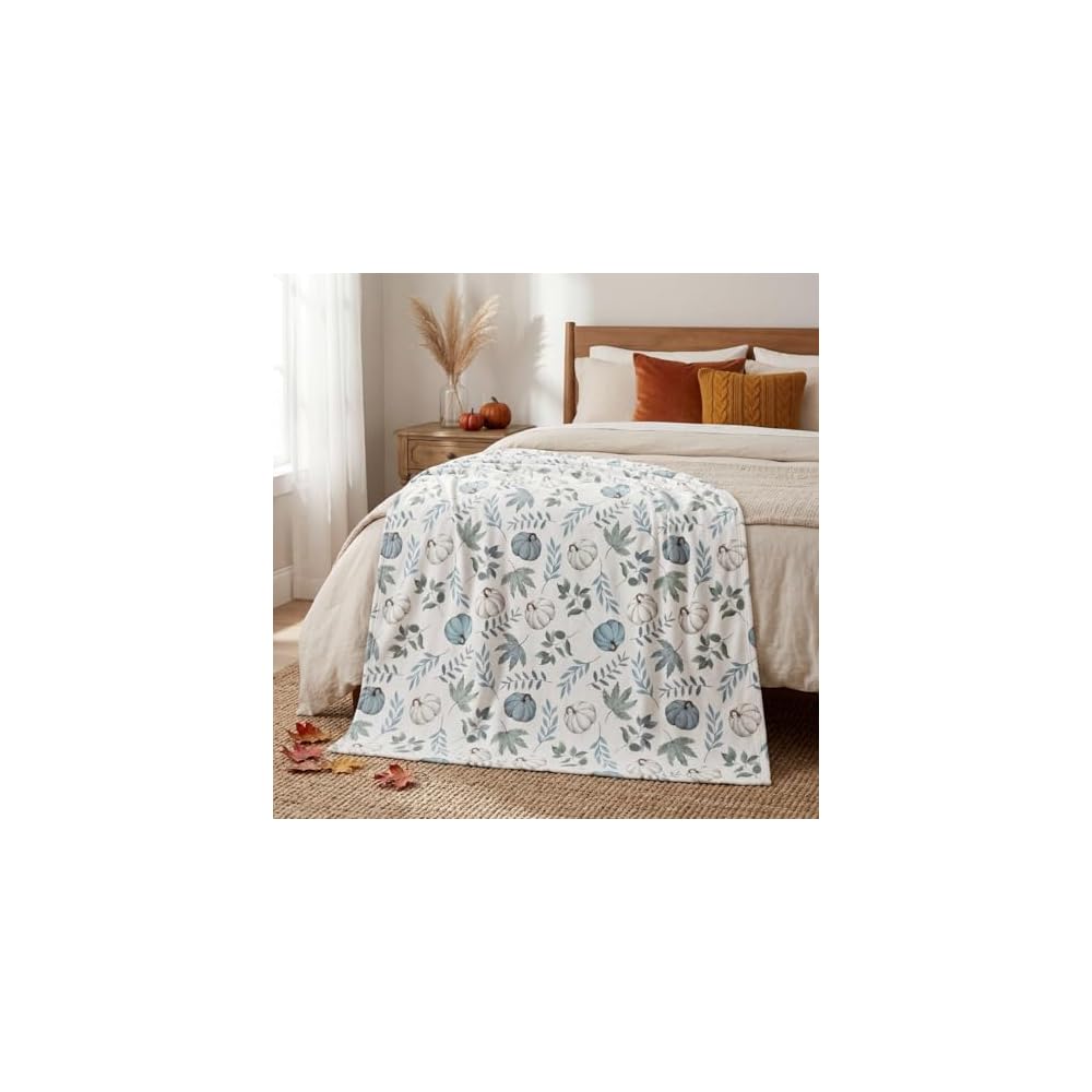 Fall White Pumpkin Blue Leaves Flannel Throw Blanket 50x60