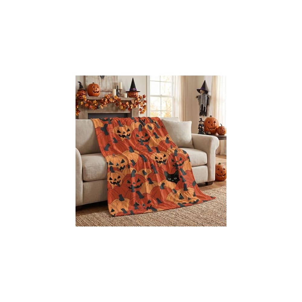 Halloween Pumpkin Black Cat Flannel Throw Blanket 60x80