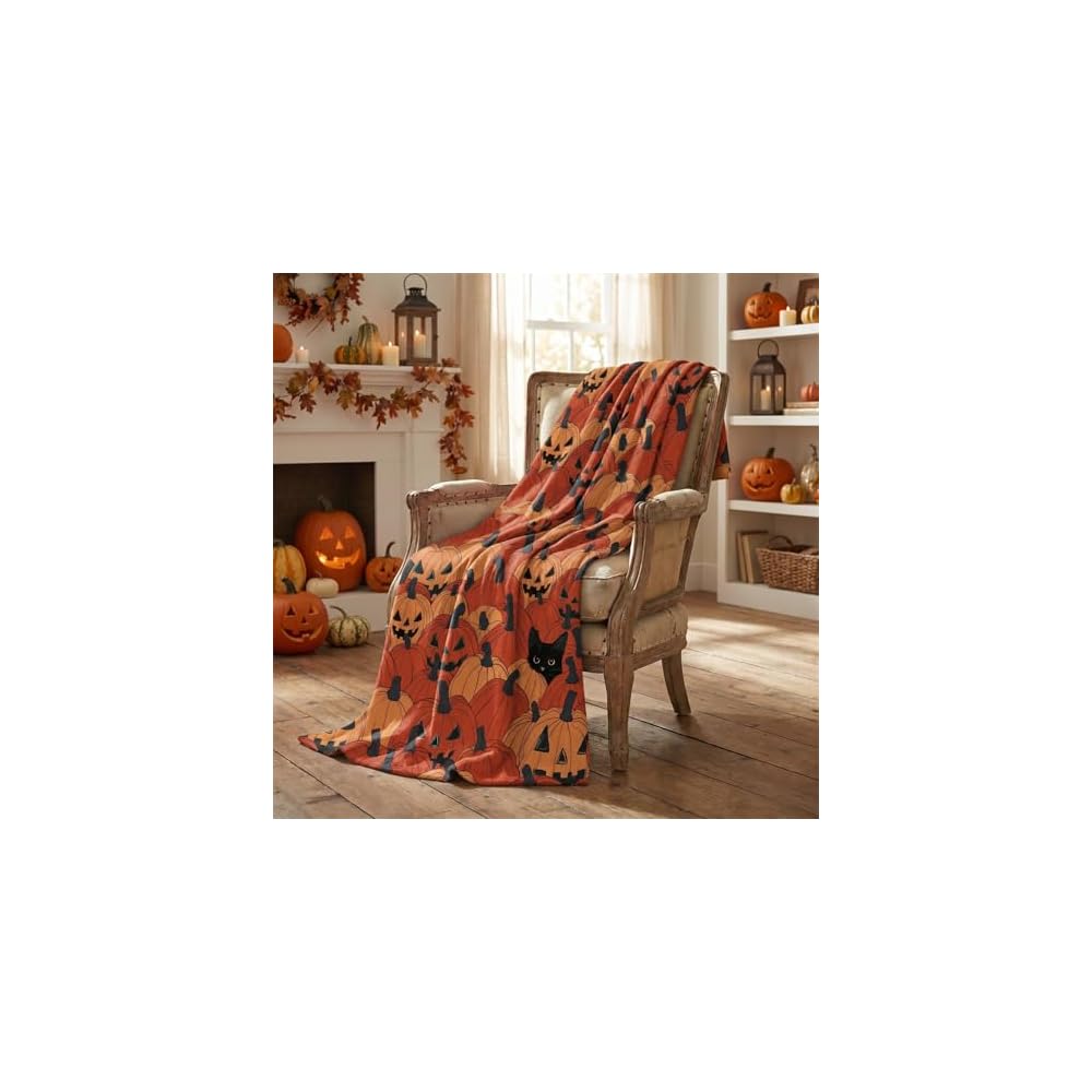 Halloween Pumpkin Black Cat Flannel Throw Blanket 60x80