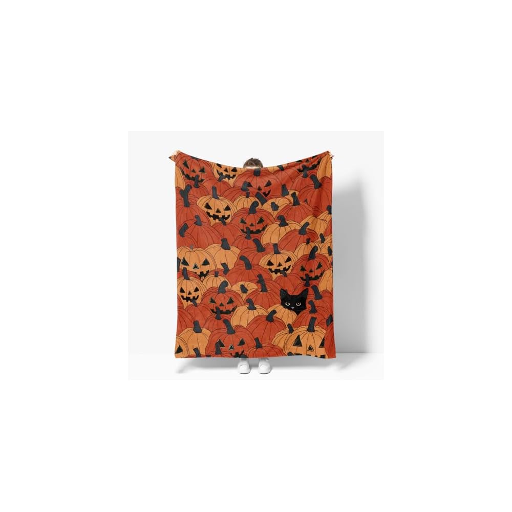 Halloween Pumpkin Black Cat Flannel Throw Blanket 60x80