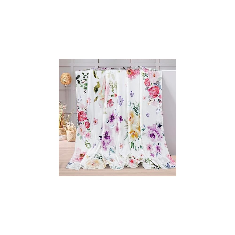 Watercolor Flower Throw Blanket Colorful Botanical Floral Printed Blanket Super Soft Flannel Throw Blankets Lightweight Fluffy Plush Fuzzy Bed Blankets for Bedding Sofa 60"X80"