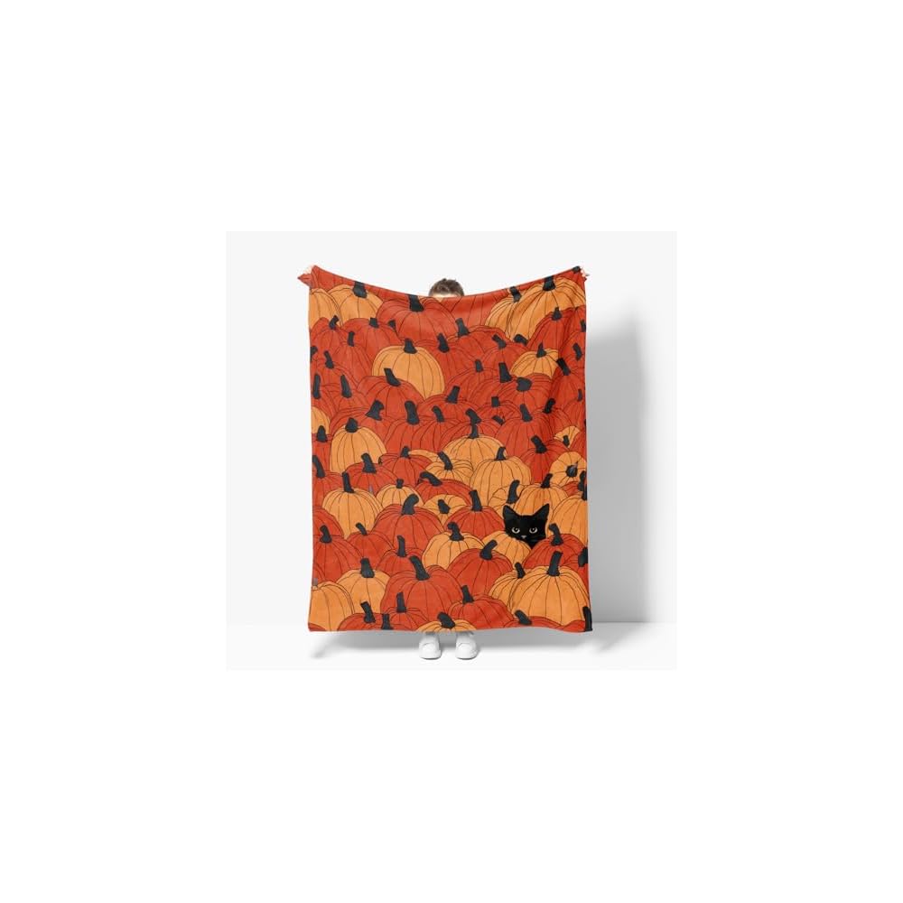 Halloween Pumpkin Black Cat Flannel Throw Blanket 60x80