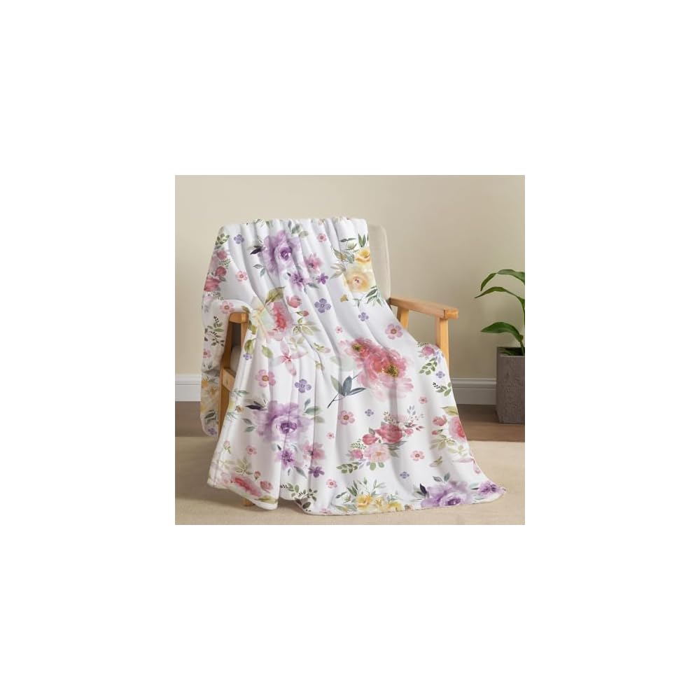 Watercolor Flower Throw Blanket Colorful Botanical Floral Printed Blanket Super Soft Flannel Throw Blankets Lightweight Fluffy Plush Fuzzy Bed Blankets for Bedding Sofa 60"X80"
