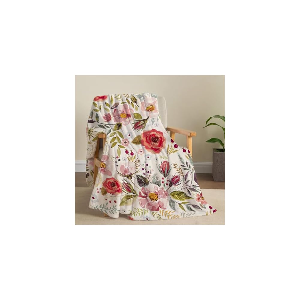 Watercolor Flower Throw Blanket Colorful Botanical Floral Printed Blanket Super Soft Flannel Throw Blankets Lightweight Fluffy Plush Fuzzy Bed Blankets for Bedding Sofa 60"X80"