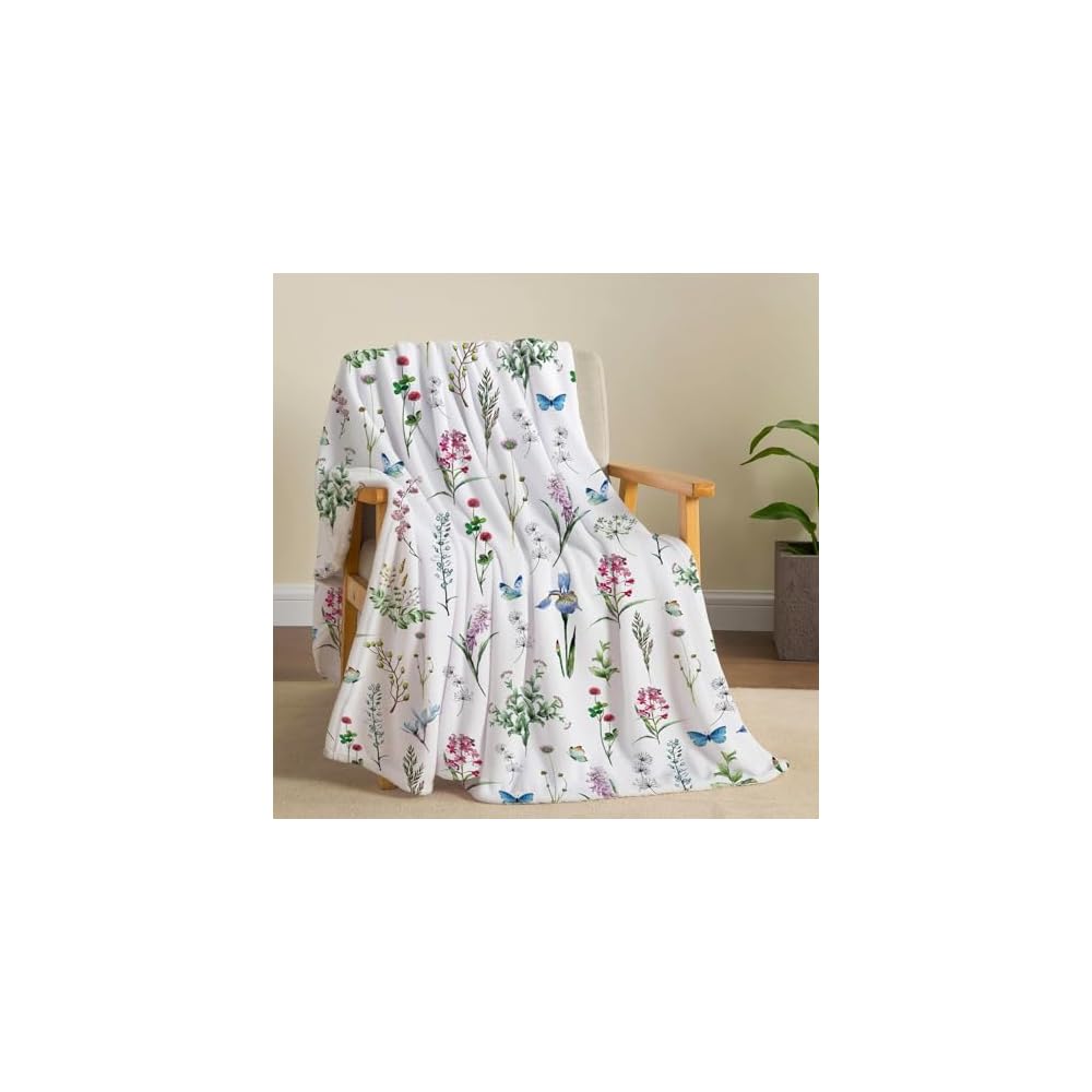 Watercolor Flower Throw Blanket Colorful Botanical Floral Printed Blanket Super Soft Flannel Throw Blankets Lightweight Fluffy Plush Fuzzy Bed Blankets for Bedding Sofa 60"X80"
