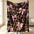 Coquette Leopard Pink Satin Bow Flannel Throw Blanket, Dark Leopard Fur Girly Ribbon Print Soft Fleece Blanket, Oversize Lightweight Cozy Blanket for Women Teens Adults & Kids, Nap Camping Travel Sofa Bed Y2K Home Decor Gift