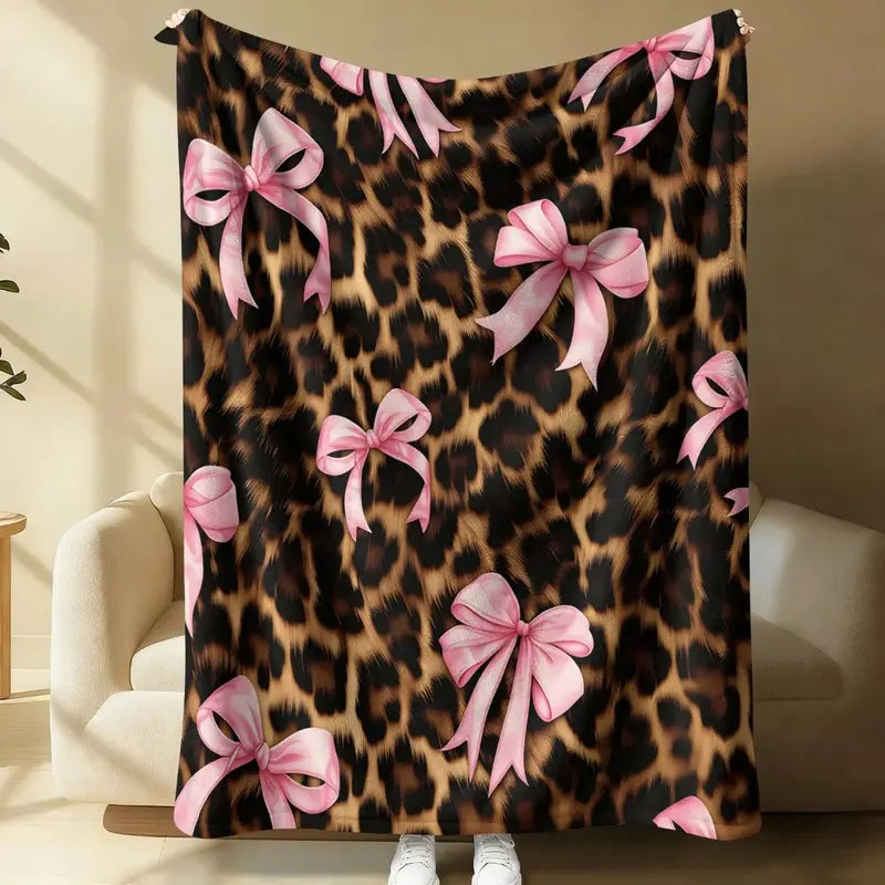 Coquette Leopard Pink Satin Bow Flannel Throw Blanket, Dark Leopard Fur Girly Ribbon Print Soft Fleece Blanket, Oversize Lightweight Cozy Blanket for Women Teens Adults & Kids, Nap Camping Travel Sofa Bed Y2K Home Decor Gift