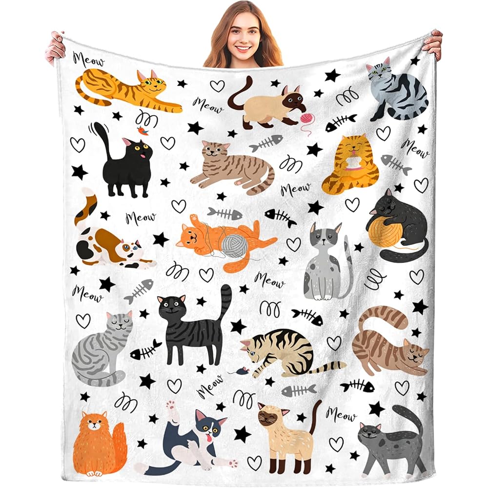 Cute Cat Blanket Animals Pet Pattern Gifts for Cat Lovers Soft Lightweight Flannel Throw Blankets for Kids Adults 50"x40"