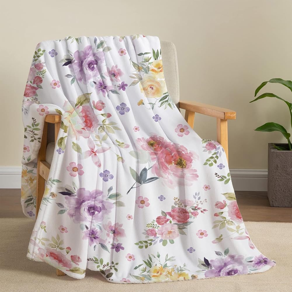 Watercolor Flower Throw Blanket Colorful Botanical Floral Printed Blanket Super Soft Flannel Throw Blankets Lightweight Fluffy Plush Fuzzy Bed Blankets for Bedding Sofa 60"X80"