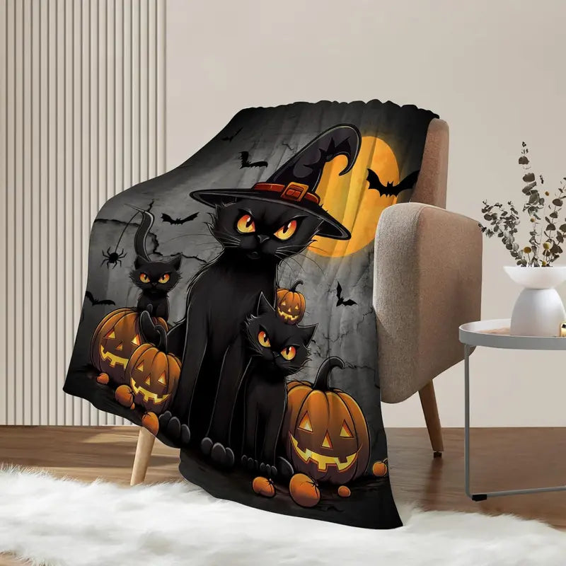 Halloween Throw Blanket Pumpkins Cats Throw Blanket Black Spooky Scary Blanket Decorative Lightweight Fuzzy Soft Plush Fleece Blankets and Throws Couch Sofa Bed Blanket