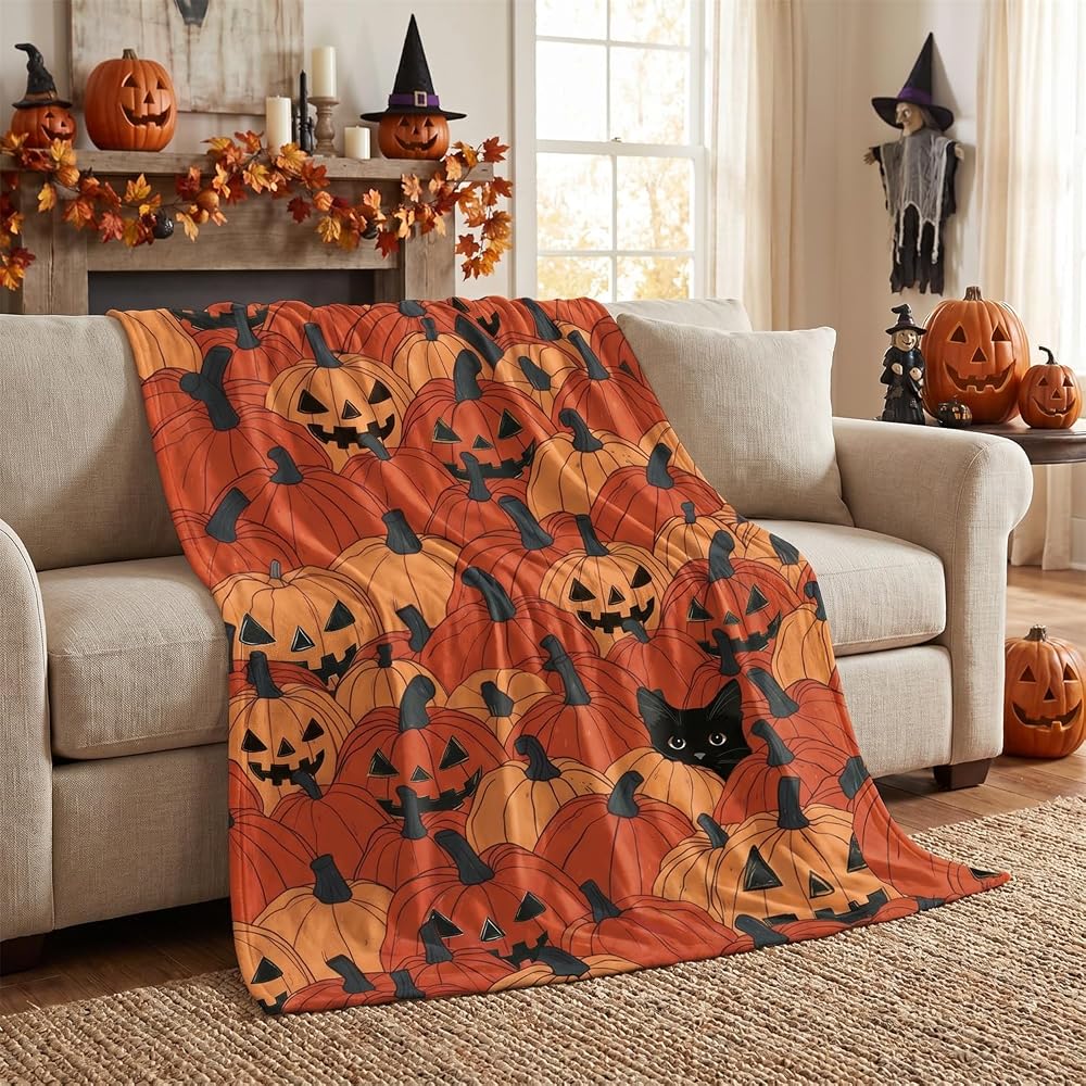 Halloween Pumpkin Black Cat Flannel Throw Blanket 60x80