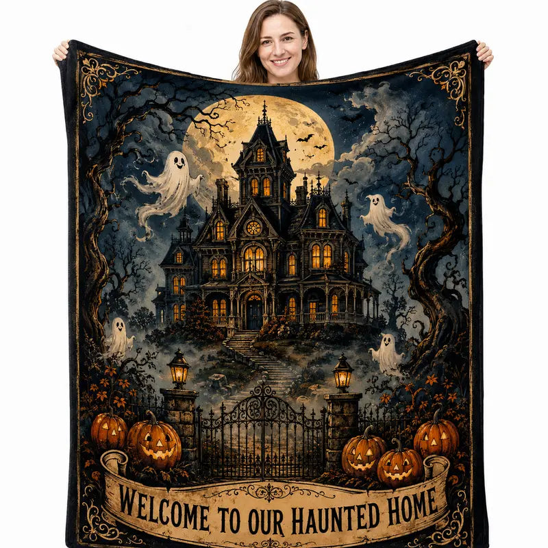 [Back to School] Halloween Element Flannel Polyester Cozy Blanket 60x80 in, Ghost-Pumpkin-Full Moon Design, Blankets for Bed, Home & Travel Use, Holiday Decor Gift for Teens