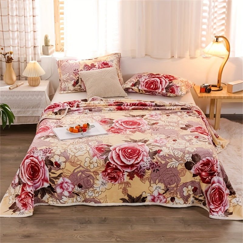 1pc of Luxurious Thickened Floral Flannel Coral Blanket, Soft, Warm, and Comfortable Bedding for Naps, Sofa Throw, Cover Blanket, Office Nap Blanket, Air-conditioned Blanket. Suitable for Sofas, Offices, Beds, Cars, Camping Trips, Home Decor