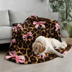 Coquette Leopard Pink Satin Bow Flannel Throw Blanket, Dark Leopard Fur Girly Ribbon Print Soft Fleece Blanket, Oversize Lightweight Cozy Blanket for Women Teens Adults & Kids, Nap Camping Travel Sofa Bed Y2K Home Decor Gift
