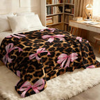 Coquette Leopard Pink Satin Bow Flannel Throw Blanket, Dark Leopard Fur Girly Ribbon Print Soft Fleece Blanket, Oversize Lightweight Cozy Blanket for Women Teens Adults & Kids, Nap Camping Travel Sofa Bed Y2K Home Decor Gift