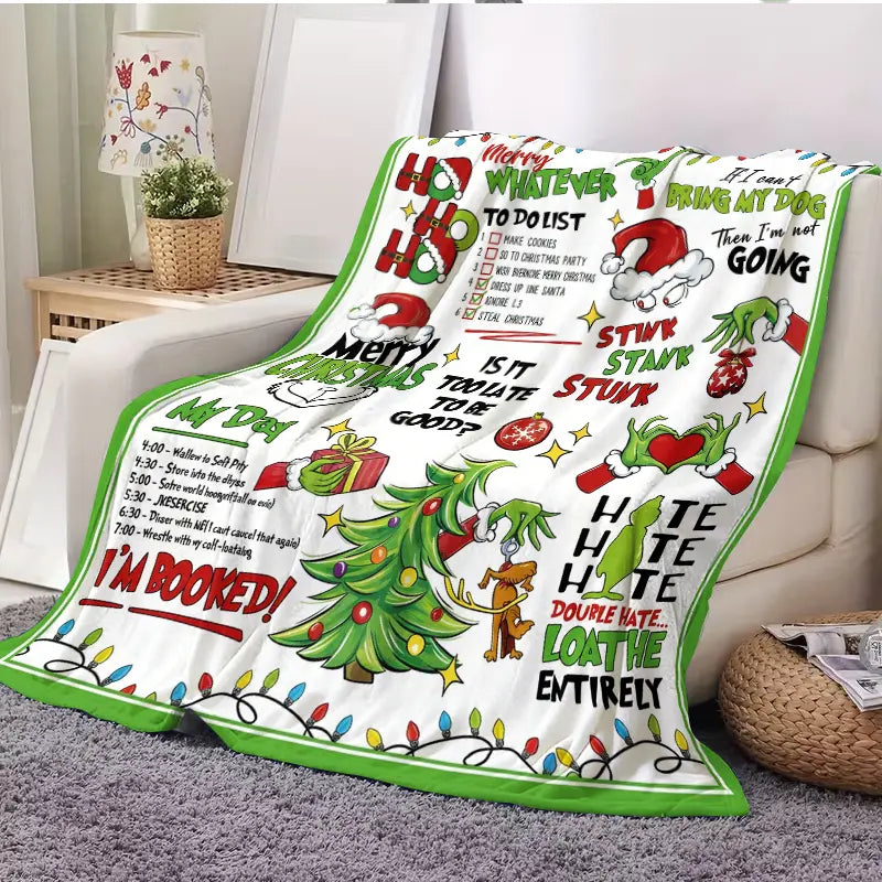 Funny Merry Christmas Green Flannel Throw Blanket, Funny Xmas Tree Birthday Gifts for Men Women, Winter Holiday Soft Blankets for Bedding Sofa Home Decor Gift Idea
