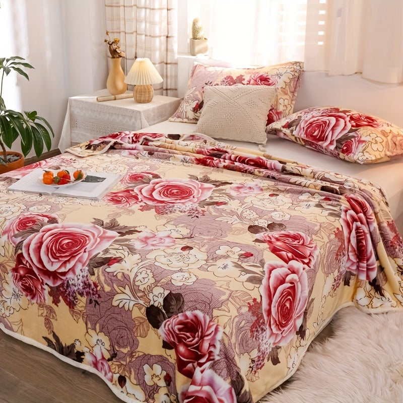 1pc of Luxurious Thickened Floral Flannel Coral Blanket, Soft, Warm, and Comfortable Bedding for Naps, Sofa Throw, Cover Blanket, Office Nap Blanket, Air-conditioned Blanket. Suitable for Sofas, Offices, Beds, Cars, Camping Trips, Home Decor