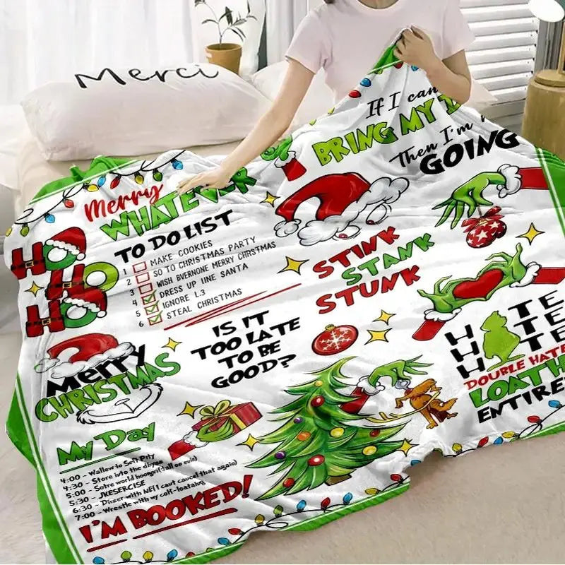 Funny Merry Christmas Green Flannel Throw Blanket, Funny Xmas Tree Birthday Gifts for Men Women, Winter Holiday Soft Blankets for Bedding Sofa Home Decor Gift Idea