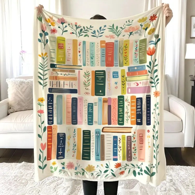 Vintage Books and Wildflowers Throw Blanket, Soft Flannel for Couch and Bed, Cottagecore Decor, Bookish Gift for Book Lovers